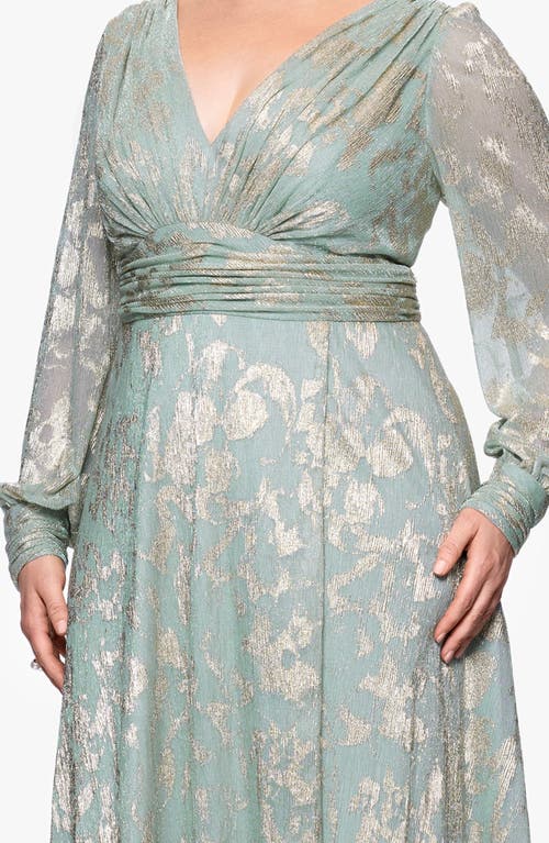 Betsy & Adam Foiled Gown In Sage/gold