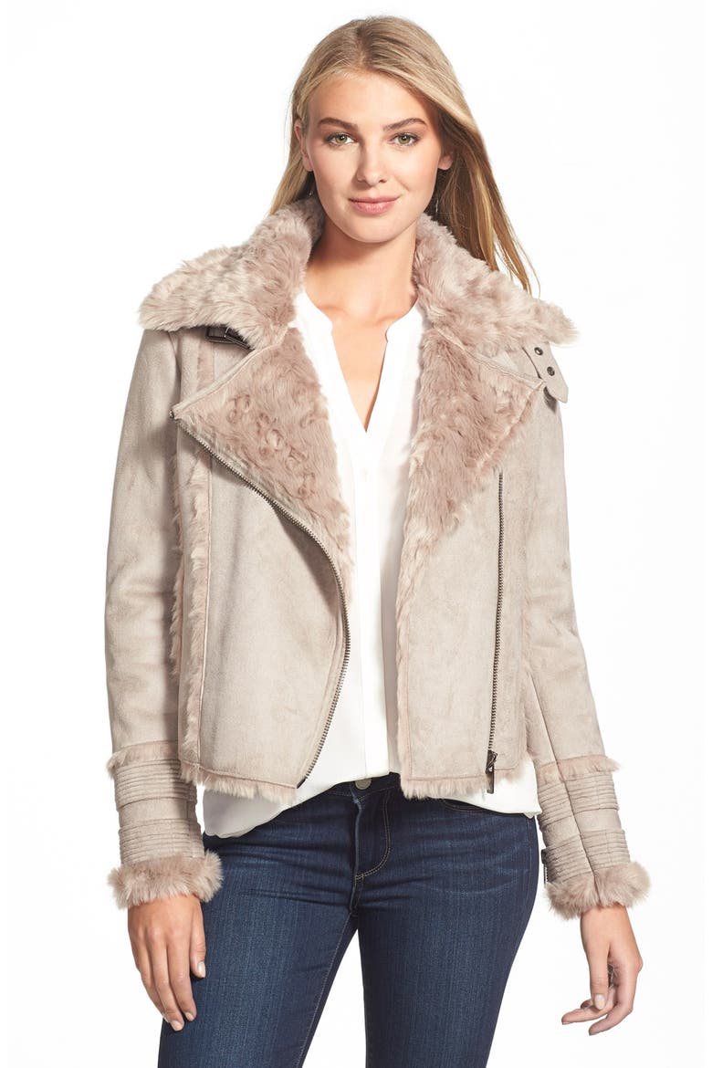 Asymmetrical Zip Front Faux Shearling Jacket, Main, color, FRENCH  GREY