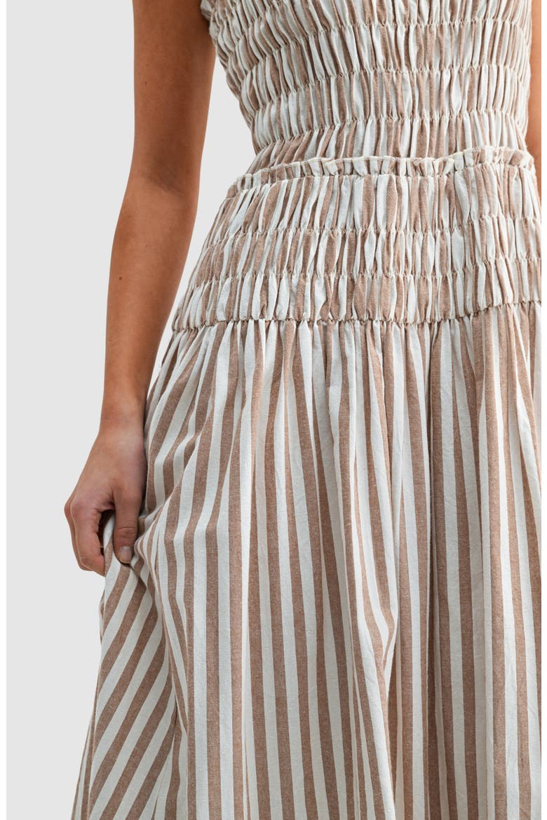 Stripe Tie Strap Smocked Cotton Midi Sundress, Alternate, color, BROWN IVORY