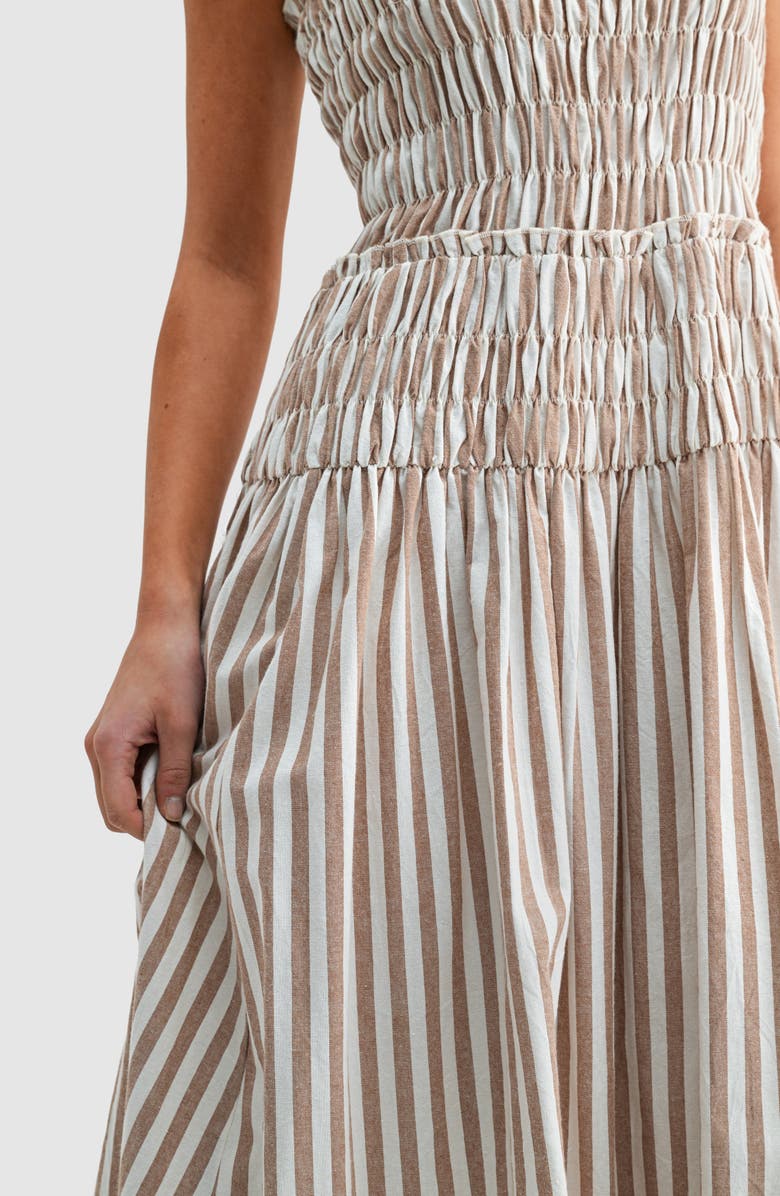 All in Favor Stripe Tie Strap Smocked Cotton Midi Sundress, Alternate, color, Brown Ivory