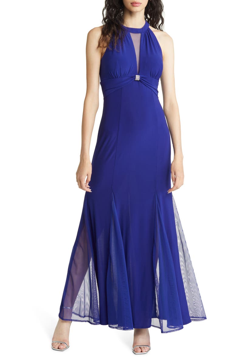Morgan & Co. Cleo Crystal Detail Open Back Gown, Main, color, Electric Blue