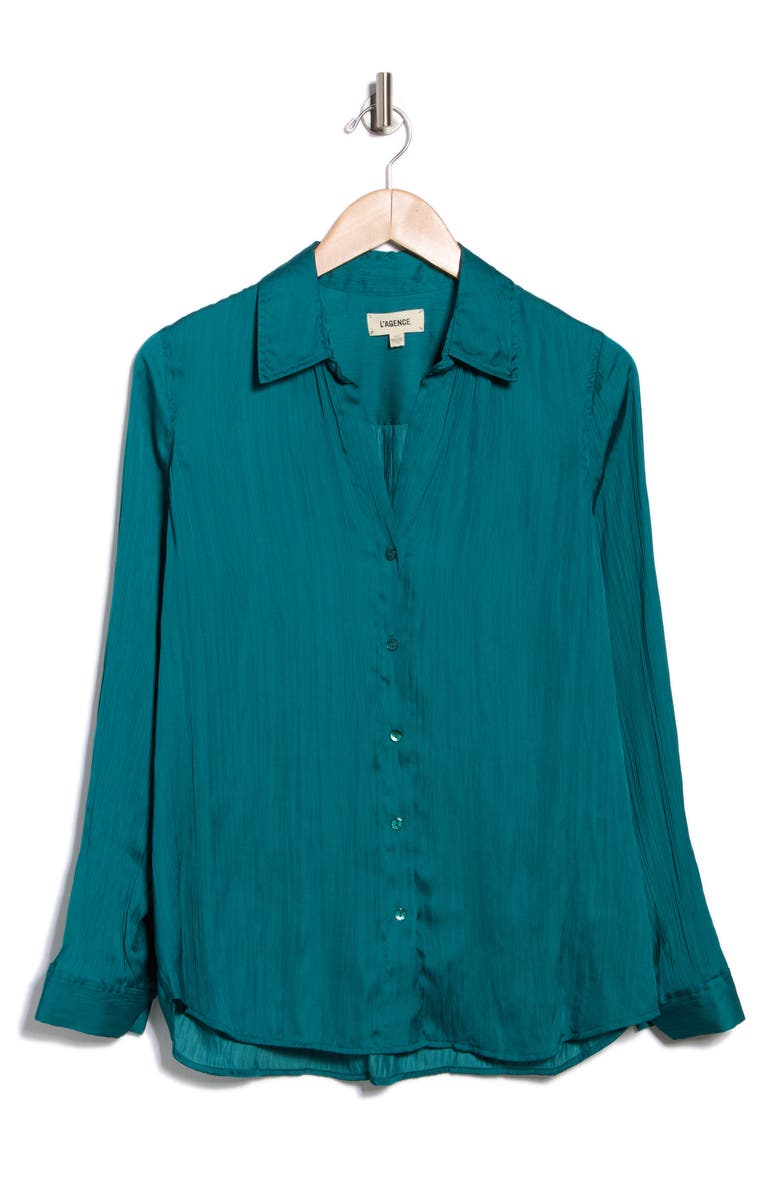 L'AGENCE Nina Crinkle Satin Shirt, Alternate, color, Ocean Teal