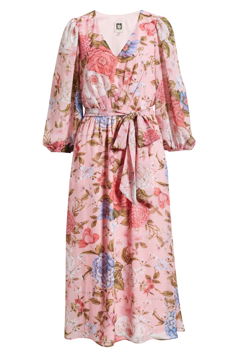 Floral Print Tie Waist Midi Dress, Alternate, color, CALYPSO CORAL MULTI