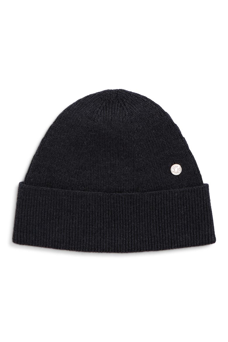 Krivi Coin Appliqué Merino Wool Blend Beanie, Main, color, DARK NAVY MELANGE