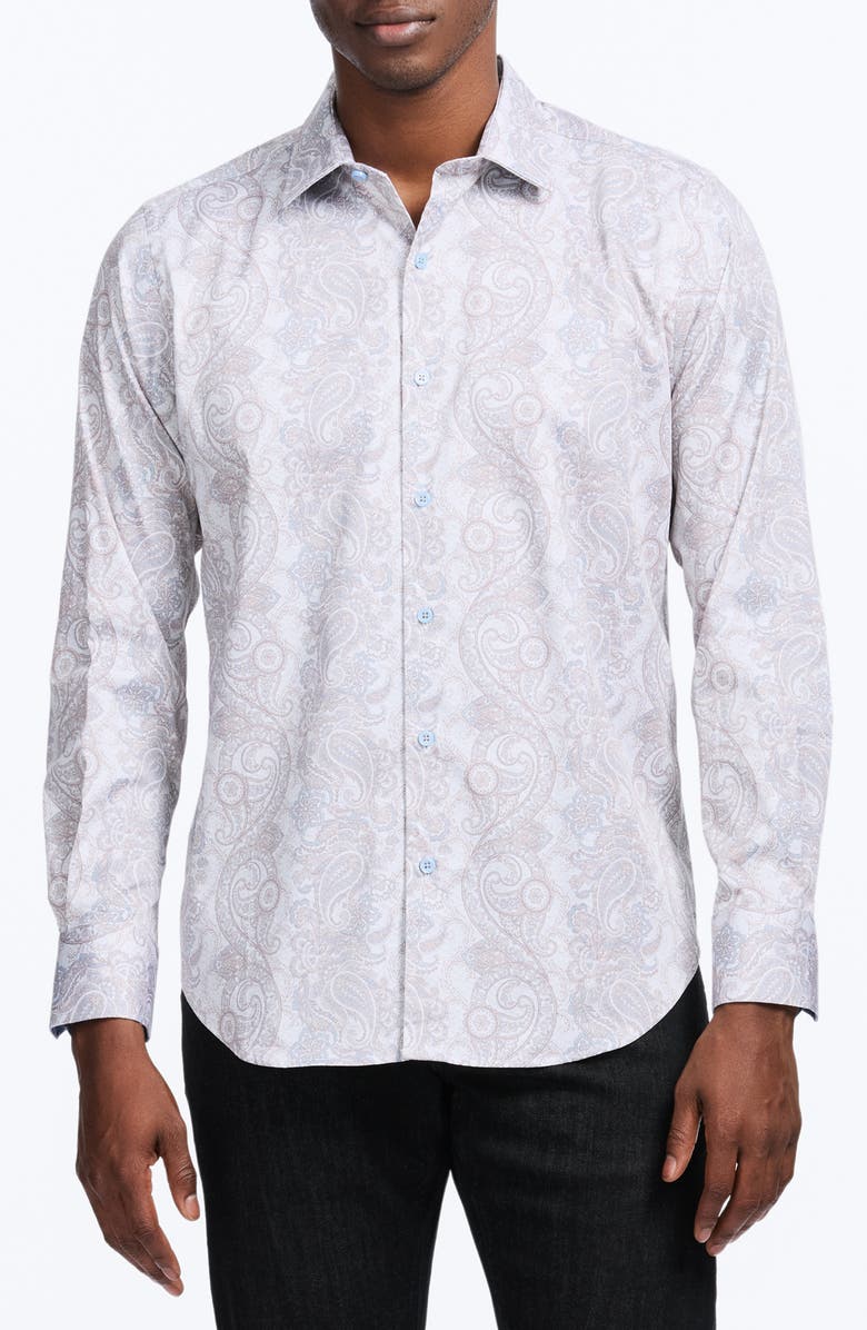 Robert Graham Auberry Paisley Stretch Cotton Button-Up Shirt, Main, color, Tan
