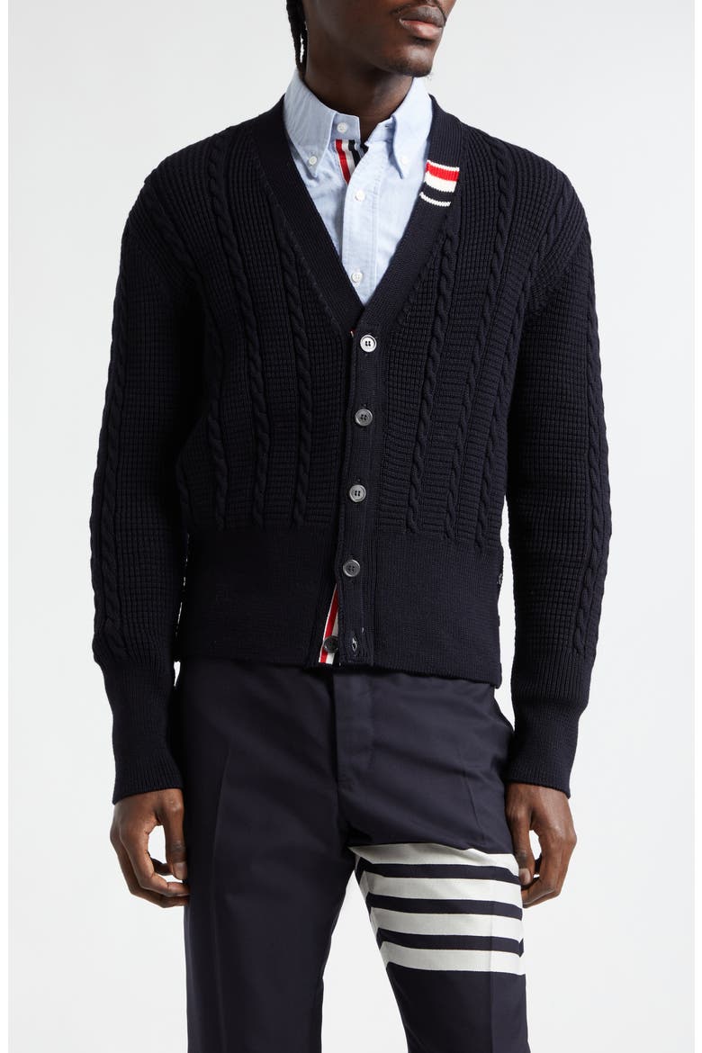 Virgin Wool Cable Stitch Cardigan, Main, color, NAVY