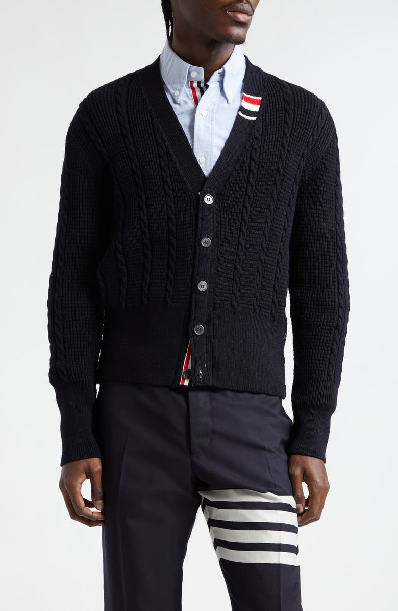 Thom Browne Virgin Wool Cable Stitch Cardigan, Main, color,