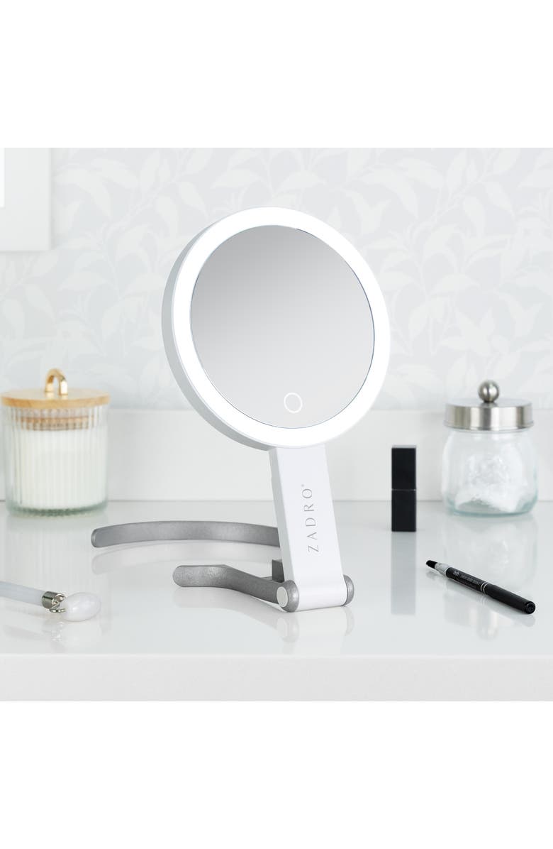 Zadro Multi-Position Lighted Travel Hand Mirror with 10X/1X Magnification, Alternate, color, White/Silver