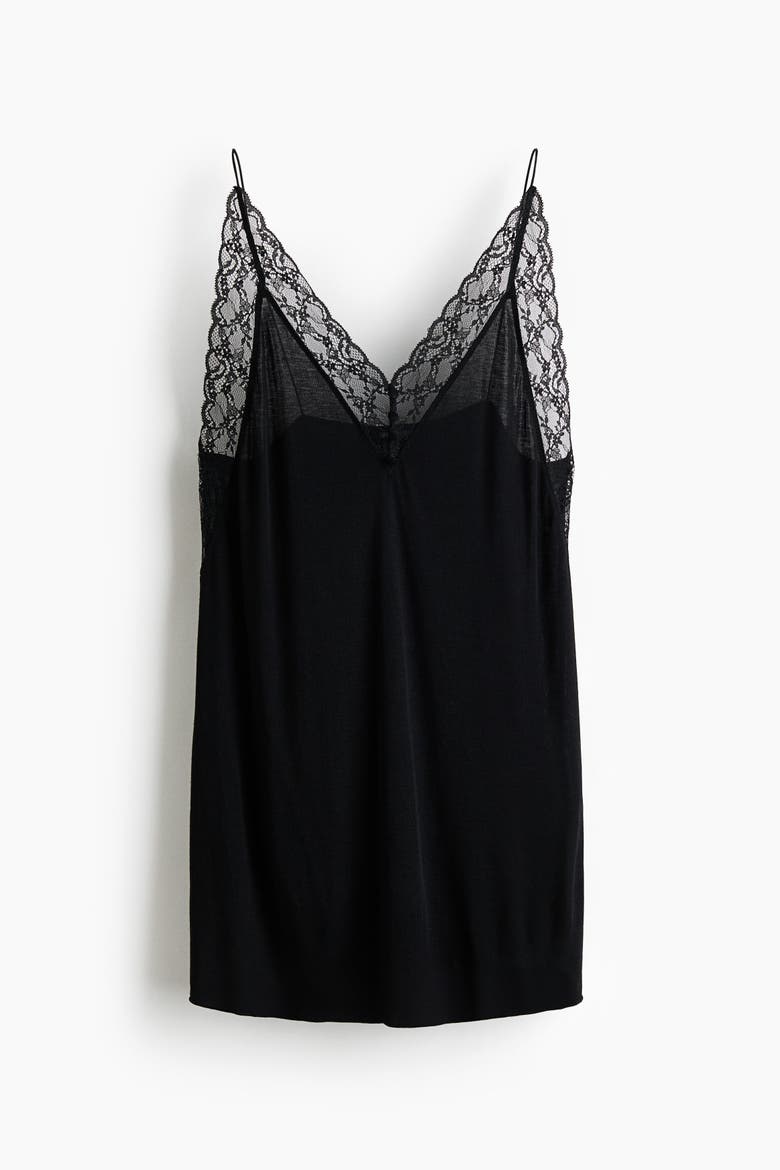 Lace-trimmed Viscose-blend Nightgown, Alternate, color, Black