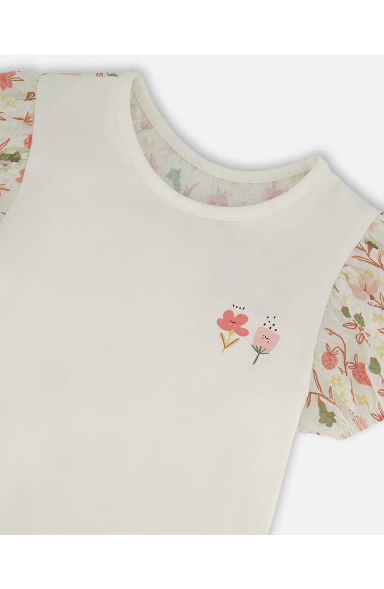 Deux par Deux Little Girl's Bi-Material Organic Cotton Top With Puff Sleeve Pink Flowers On Cream Background, Alternate, color, 