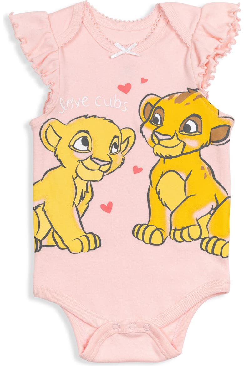 Lion King Girls' 5-Pack Short Sleeve Bodysuits, Alternate, color, Green Pink Grey White