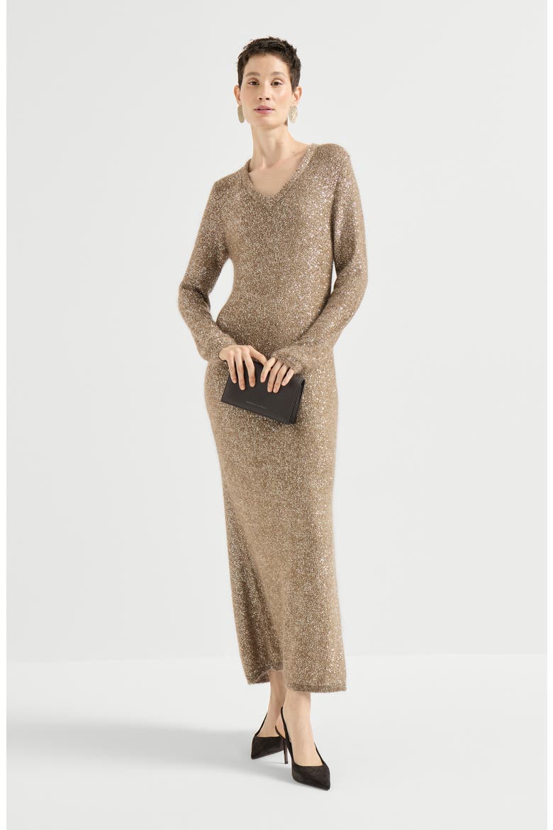 Mohair and wool dazzling texture knit dress with monili, Alternate, color, Light Brown