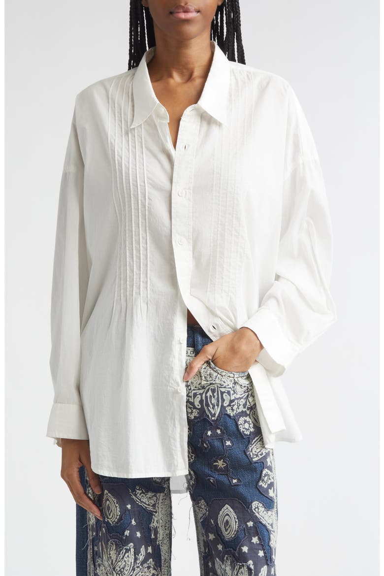 Drop Neck Pintuck Button-Up Shirt, Alternate, color, WHITE