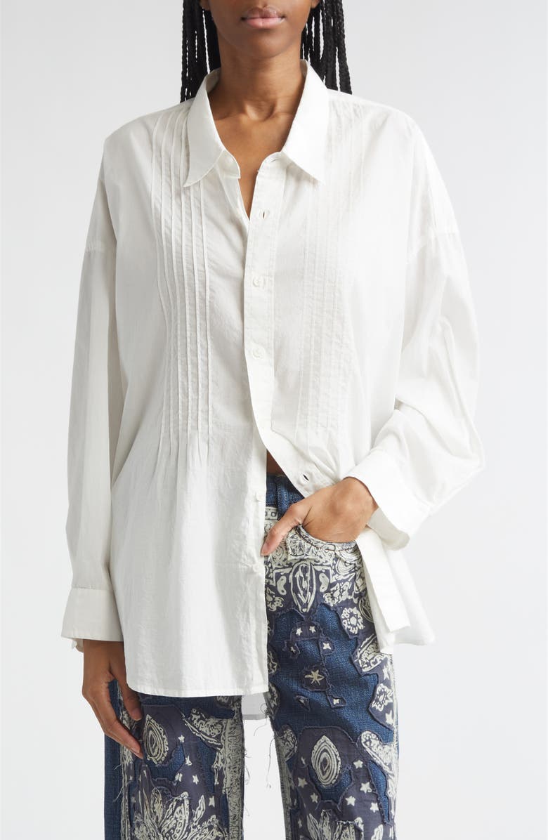 R13 Drop Neck Pintuck Button-Up Shirt, Alternate, color, White