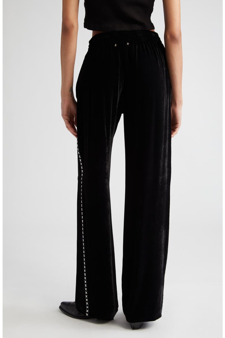 Journey Embroidered Side Stripe Velvet Track Pants, Alternate, color, BLACK