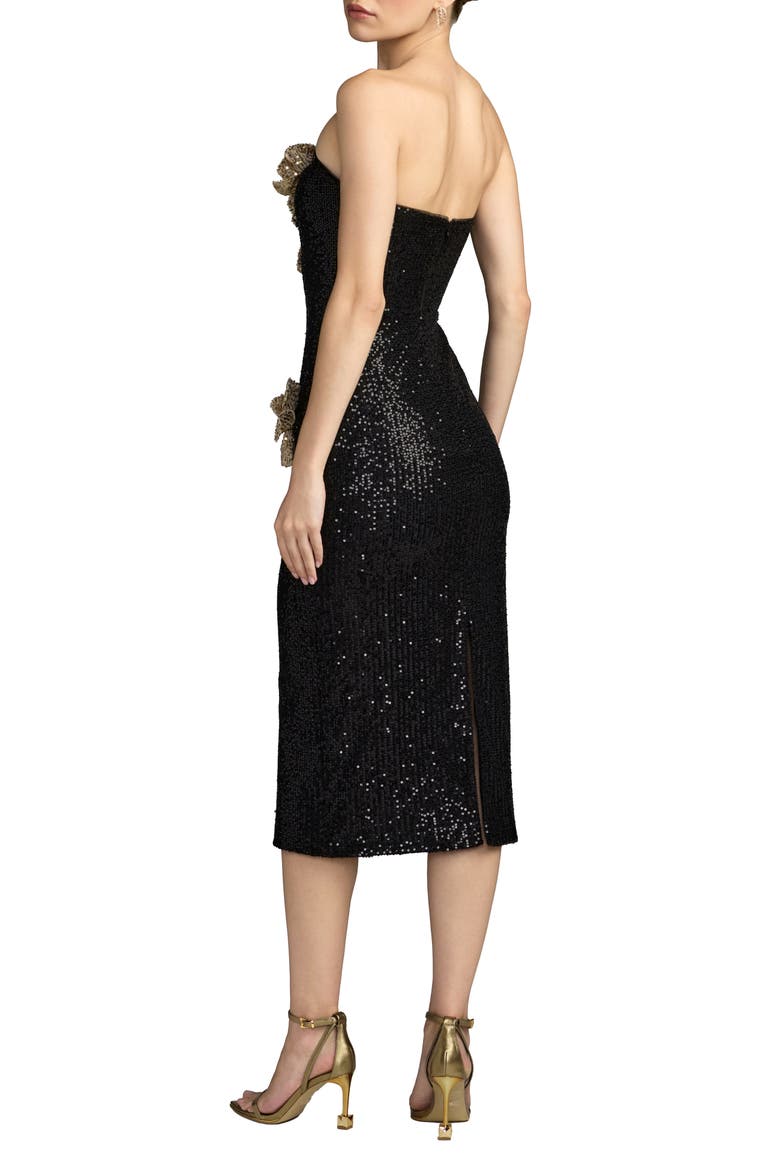 Strapless Fitted Sequin Midi Dress With 3D Flowers, Alternate, color, Black Gold