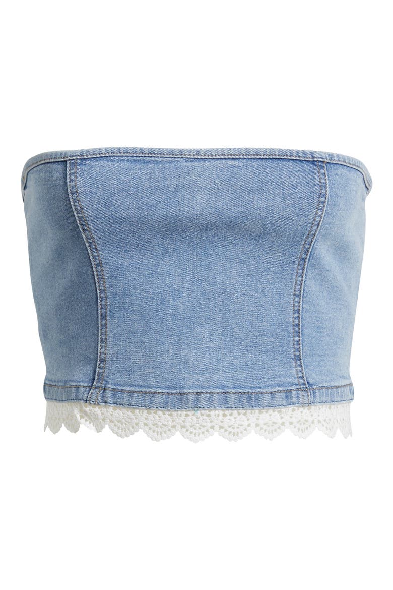 Misty Lace Trim Strapless Denim Top, Alternate, color, LIGHT WASH