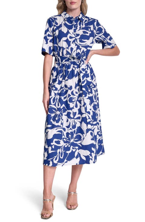 Floral Elbow Sleeve Cotton Midi Shirtdress