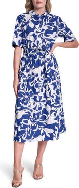 DKNY Floral Elbow Sleeve Cotton Midi Shirtdress