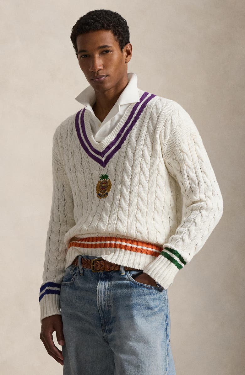 Polo Ralph Lauren Embroidered Cricket Cotton & Linen V-Neck Sweater, Alternate, color, Cream Combo