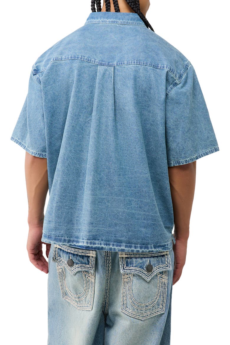 Patchwork Short Sleeve Denim Shirt, Alternate, color, GOLDEN SURF LIGHT WASH