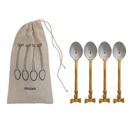 4-Piece Coffee Spoons with Gold Finish Bow Handles, Stainless Steel and Brass