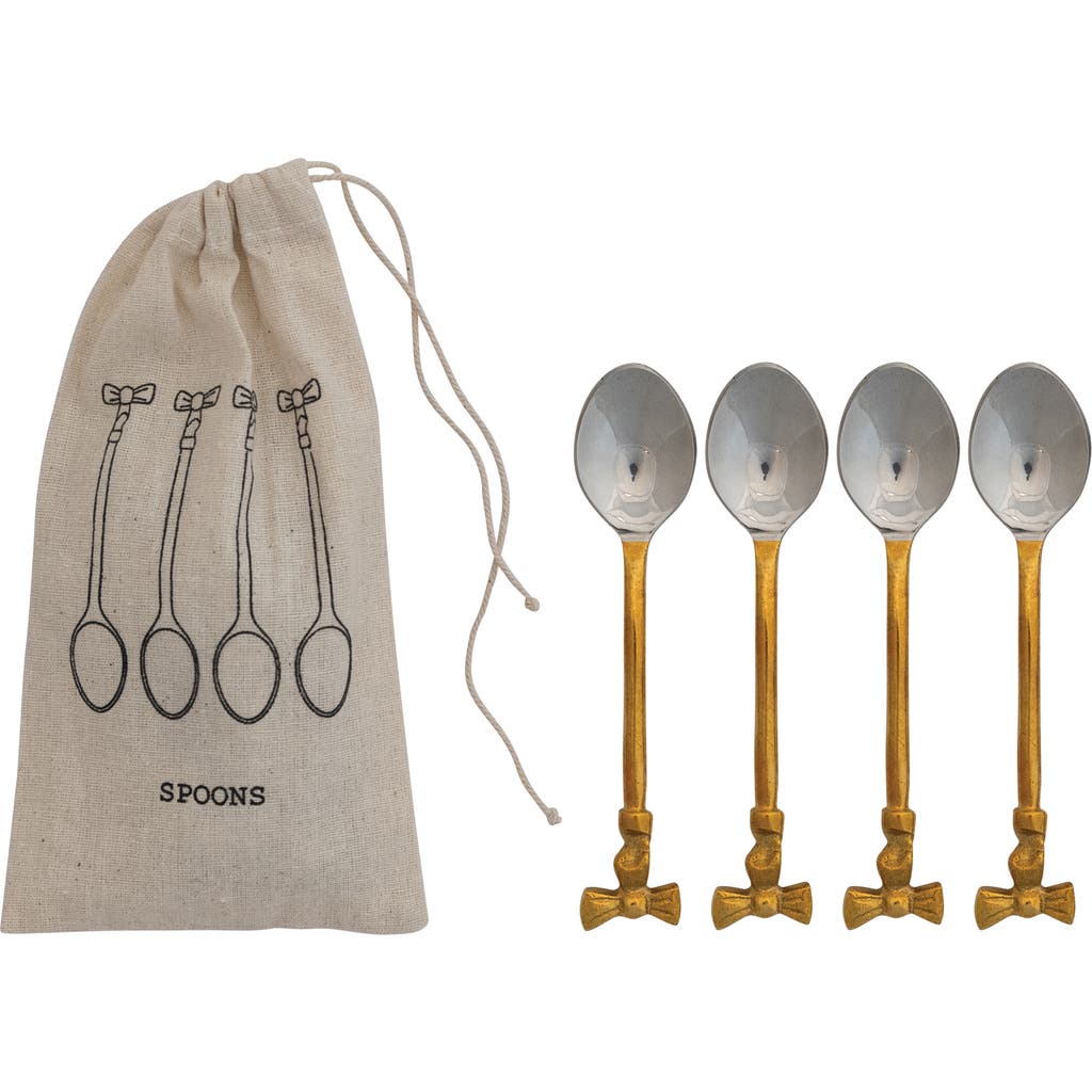 Storied Home 4-piece Coffee Spoons With Gold Finish Bow Handles, Stainless Steel And Brass In Gold