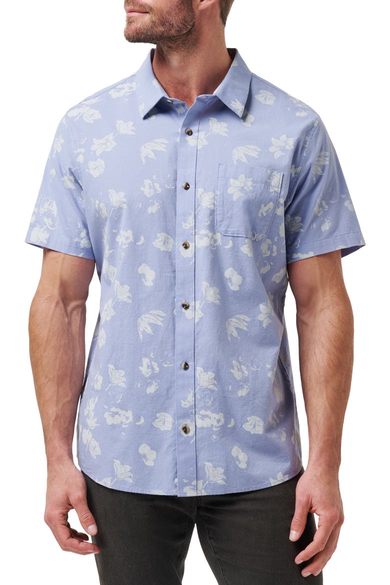 Fan Palm Short Sleeve Button-Up Shirt, Main, color, PALE IRIS
