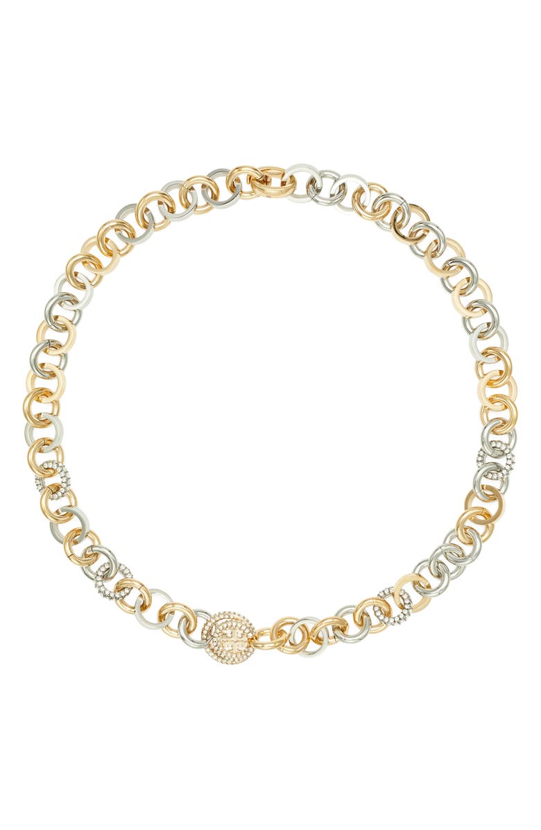 Tory Burch Icon Mixed Pavé Chain Necklace, Main, color, Tory Gold / Silver / Crystal