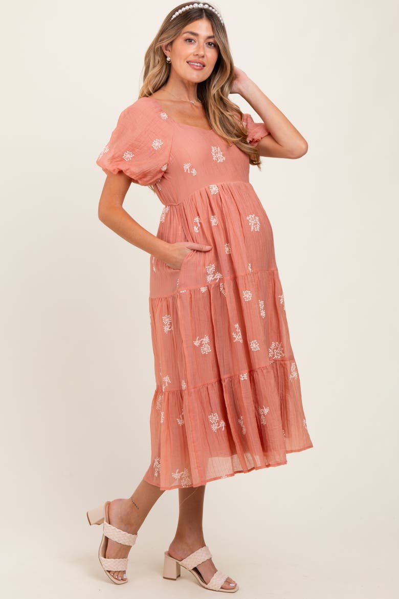Floral Embroidered Chiffon Midi Dress, Alternate, color, Light Pink