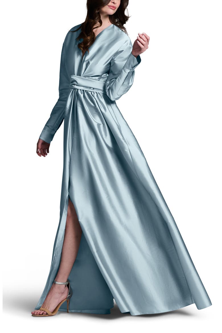 Surplice Long Sleeve Taffeta Gown, Alternate, color, LIGHT BLUE