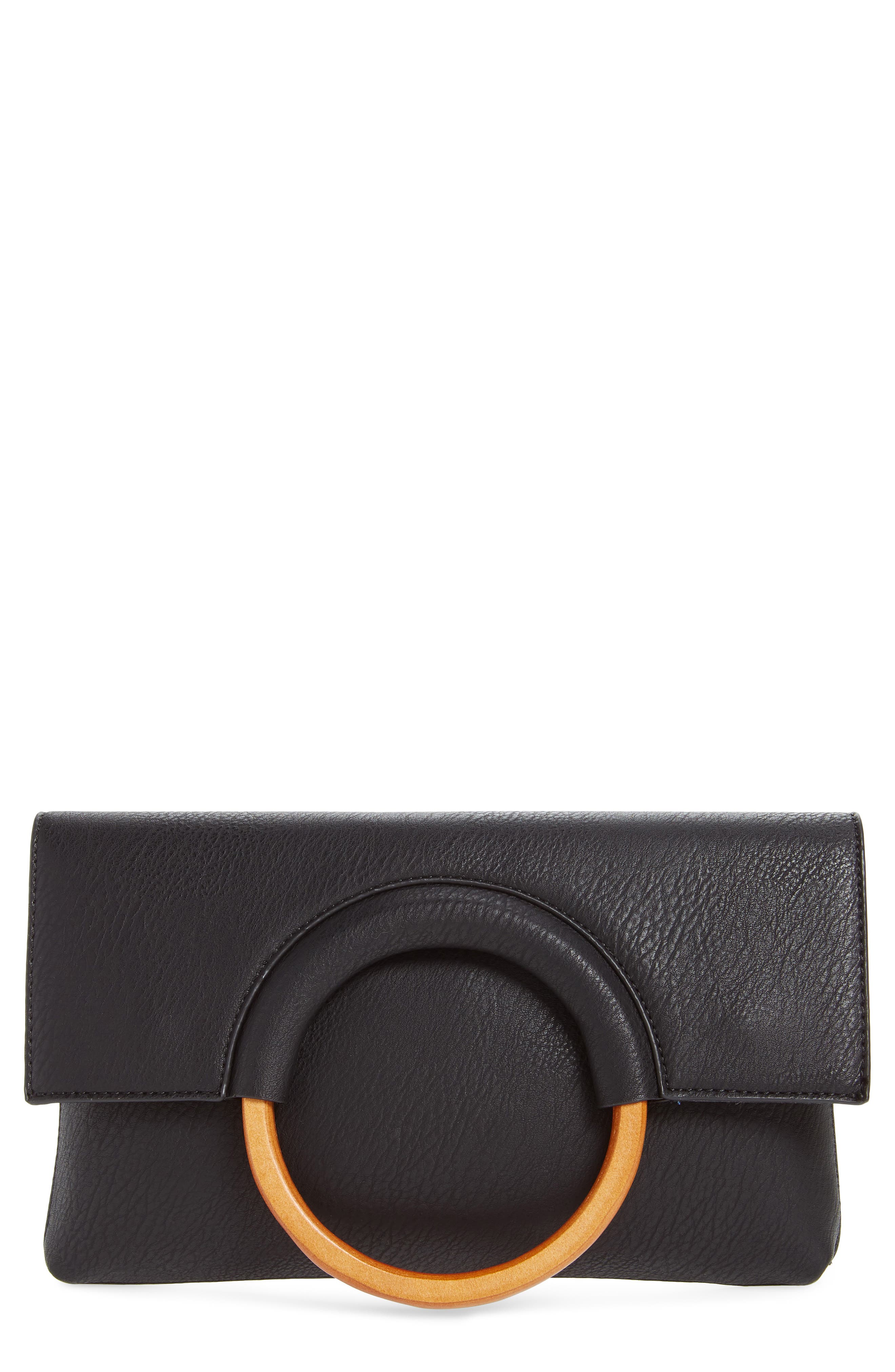 Faux Leather Circle Clutch, Main, color, BLACK