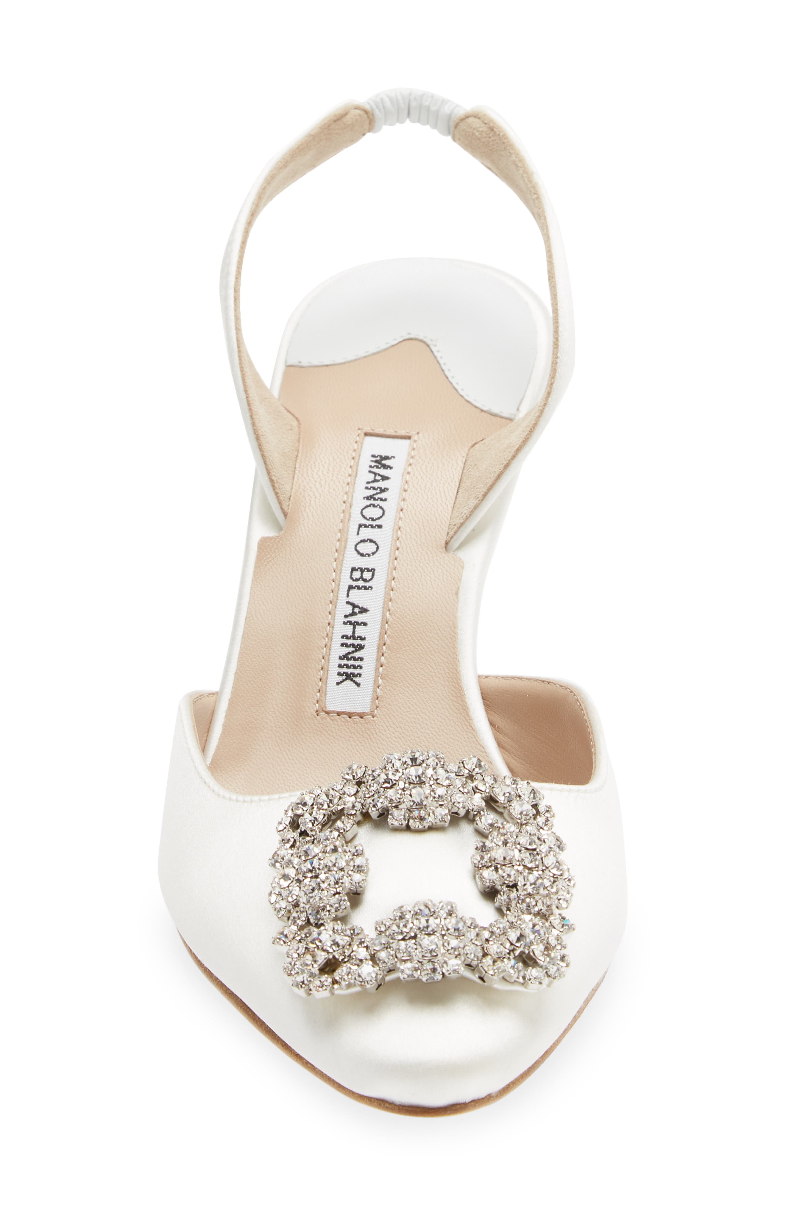 Manolo Blahnik Hangisli Crystal Buckle Pointed Toe Slingback Pump, Alternate, color, Cream