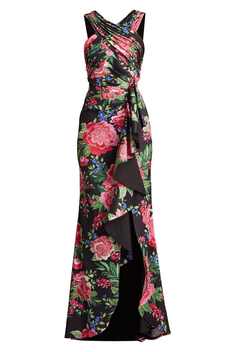 Twist Front Pleated Mermaid Gown, Alternate, color, BLACK/ FUCHSIA FLORAL