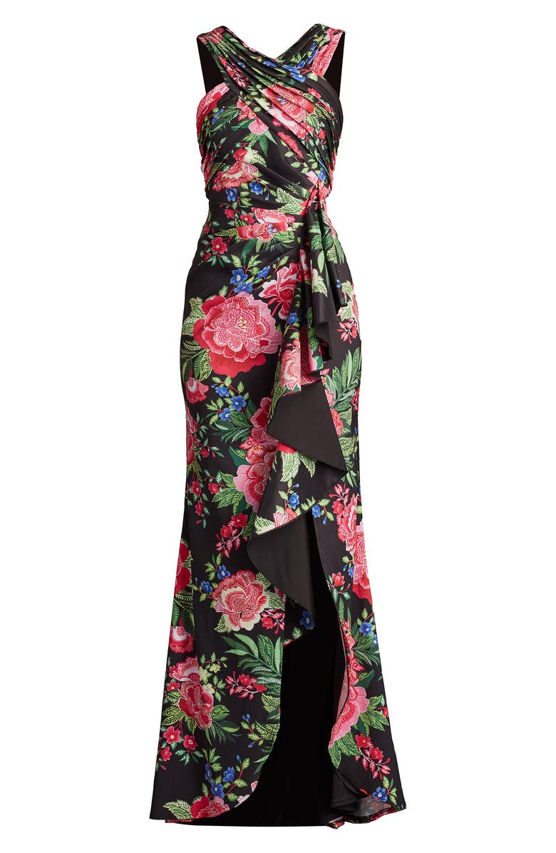 Tadashi Shoji Twist Front Pleated Mermaid Gown, Alternate, color, Black/ Fuchsia Floral