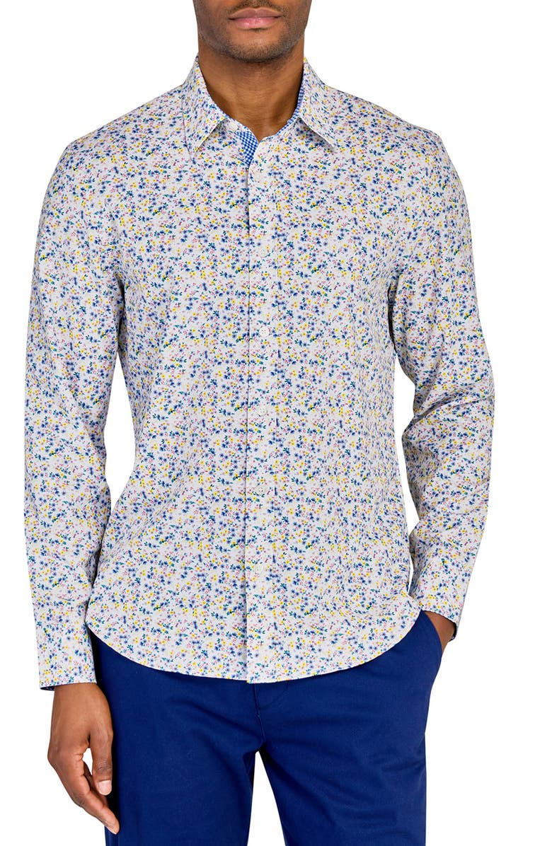 CONSTRUCT Slim Fit Spring Floral Recycled 4-Way Stretch Performance Long Sleeve Shirt, Main, color, White