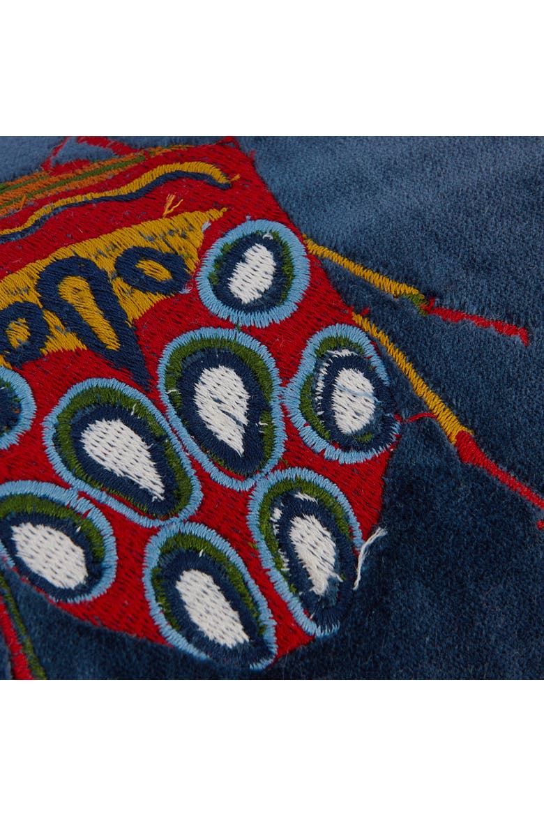 Cotton Velvet Embroidered Lumbar Pillow with Beetles and Chambray Back, Multicolor, Alternate, color, Blue