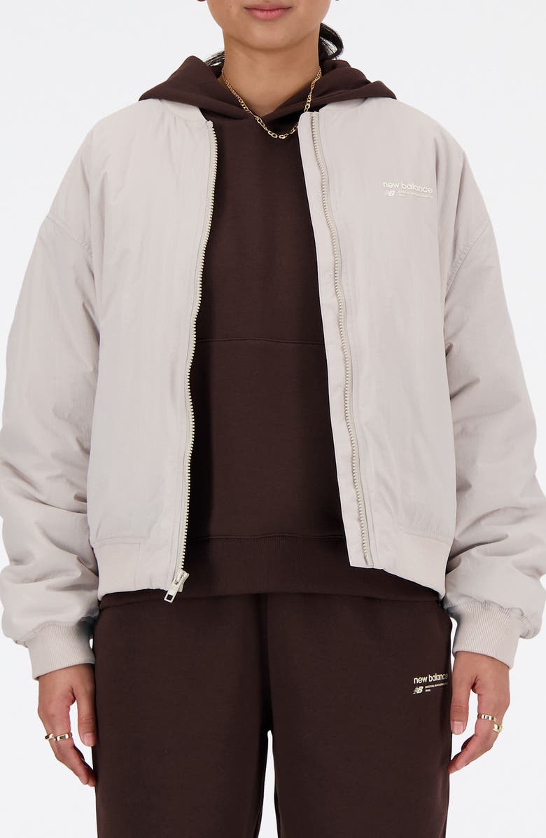 New Balance Linear Heritage Woven Bomber Jacket, Main, color, Grey