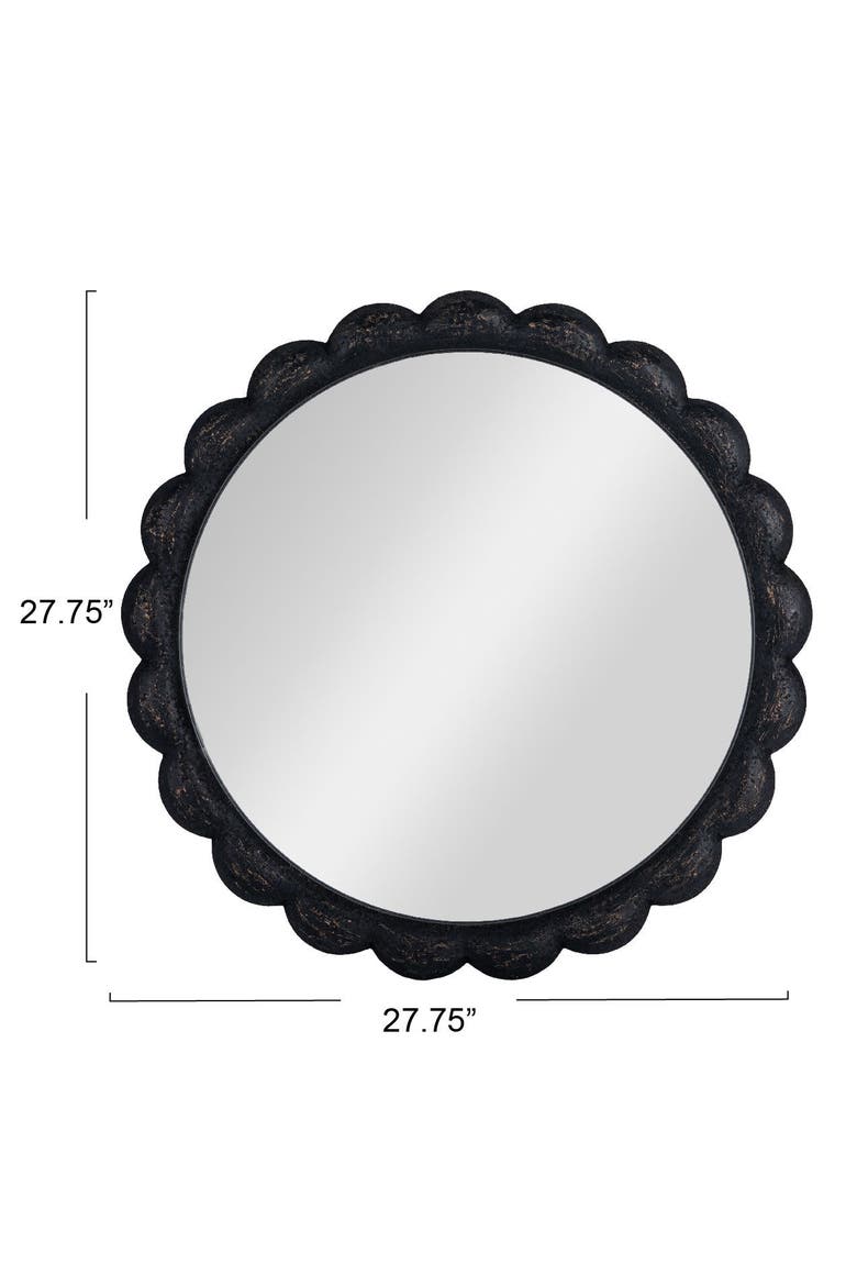 Round Scalloped Distressed Wood Wall Mirror, Black, Alternate, color, Black