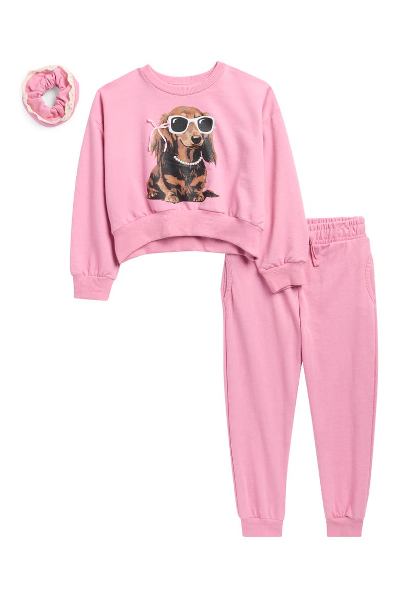 Kids' 3-Piece French Terry Sweatshirt, Joggers & Scrunchie Set, Main, color, ROSE