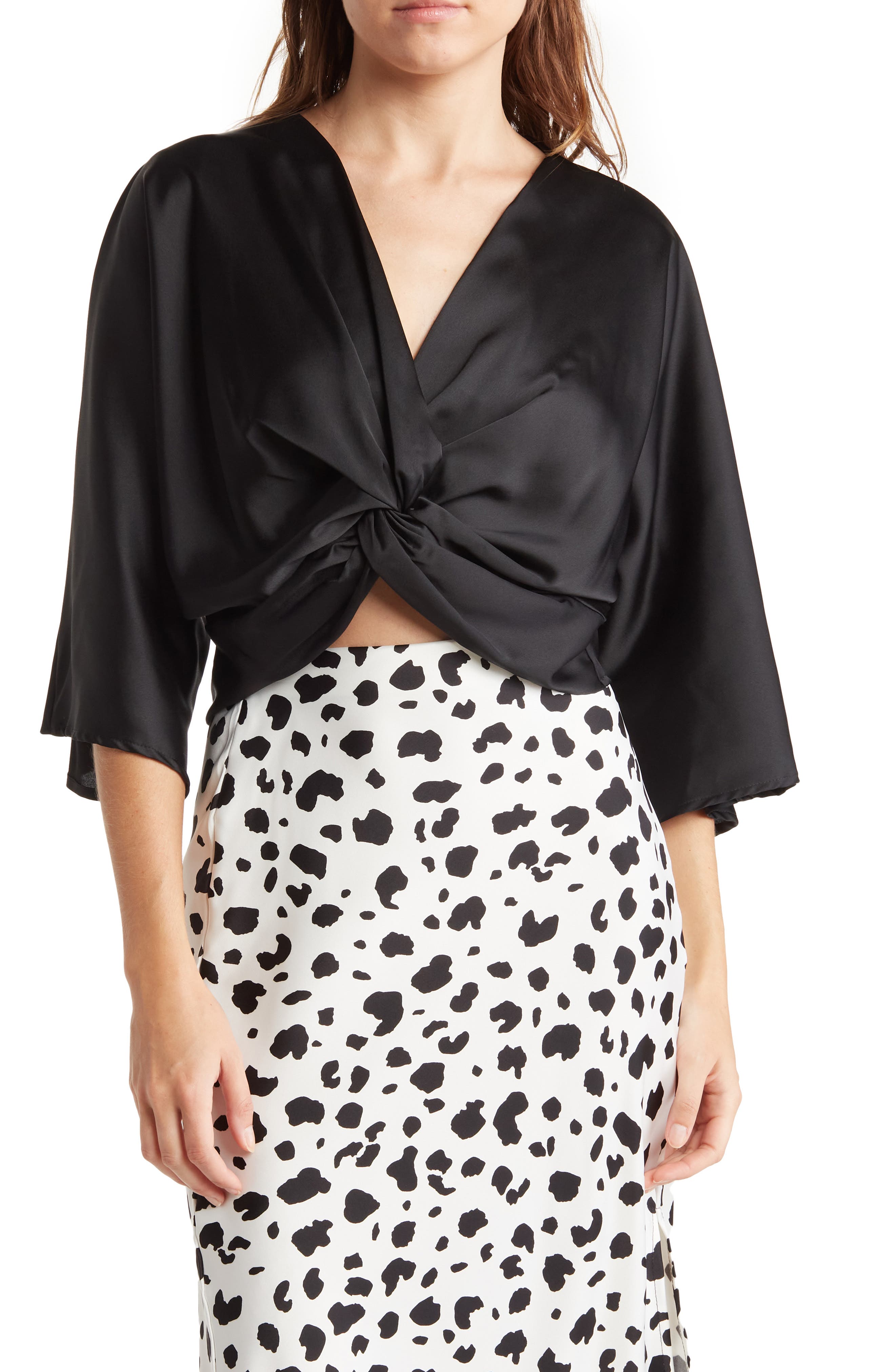 Renee C Plunge Neck Long Sleeve Twisted Knot Satin Top