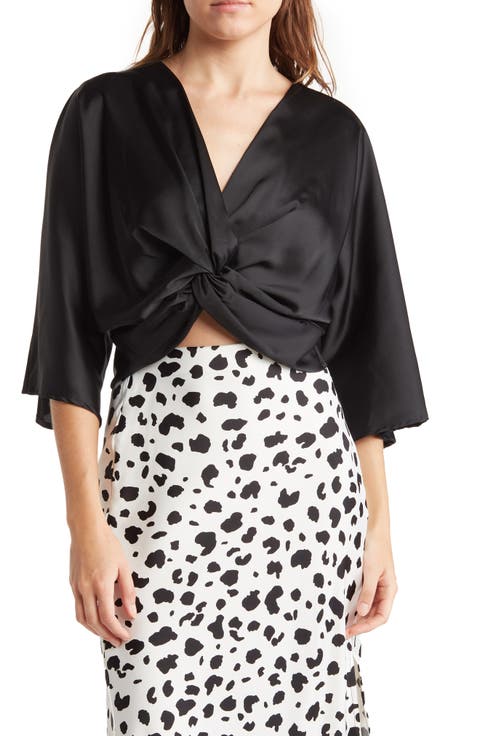 Plunge Neck Long Sleeve Twisted Knot Satin Top