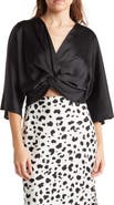Renee C Plunge Neck Long Sleeve Twisted Knot Satin Top