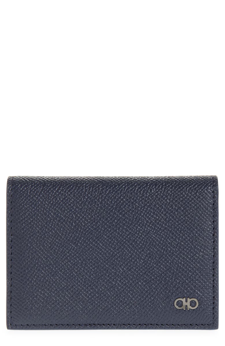 FERRAGAMO Micro Gancio Leather Card Case, Main, color, New Navy Nero