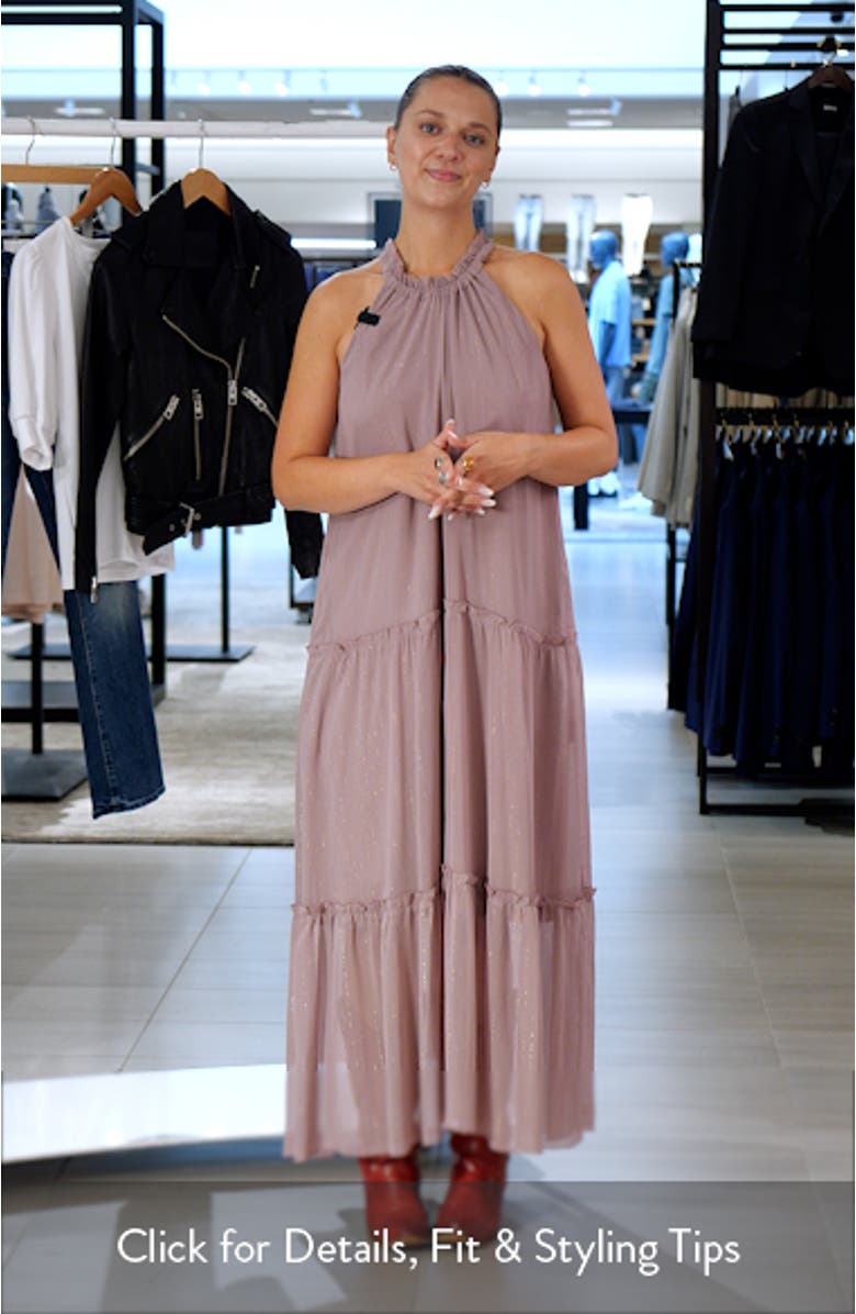 Tiered Metallic Stripe Maxi Dress, sales video thumbnail
