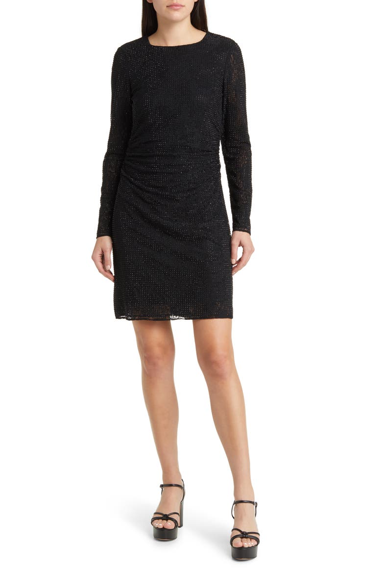 Inverse Sequin Ruched Long Sleeve Lace Minidress, Main, color, BLACK