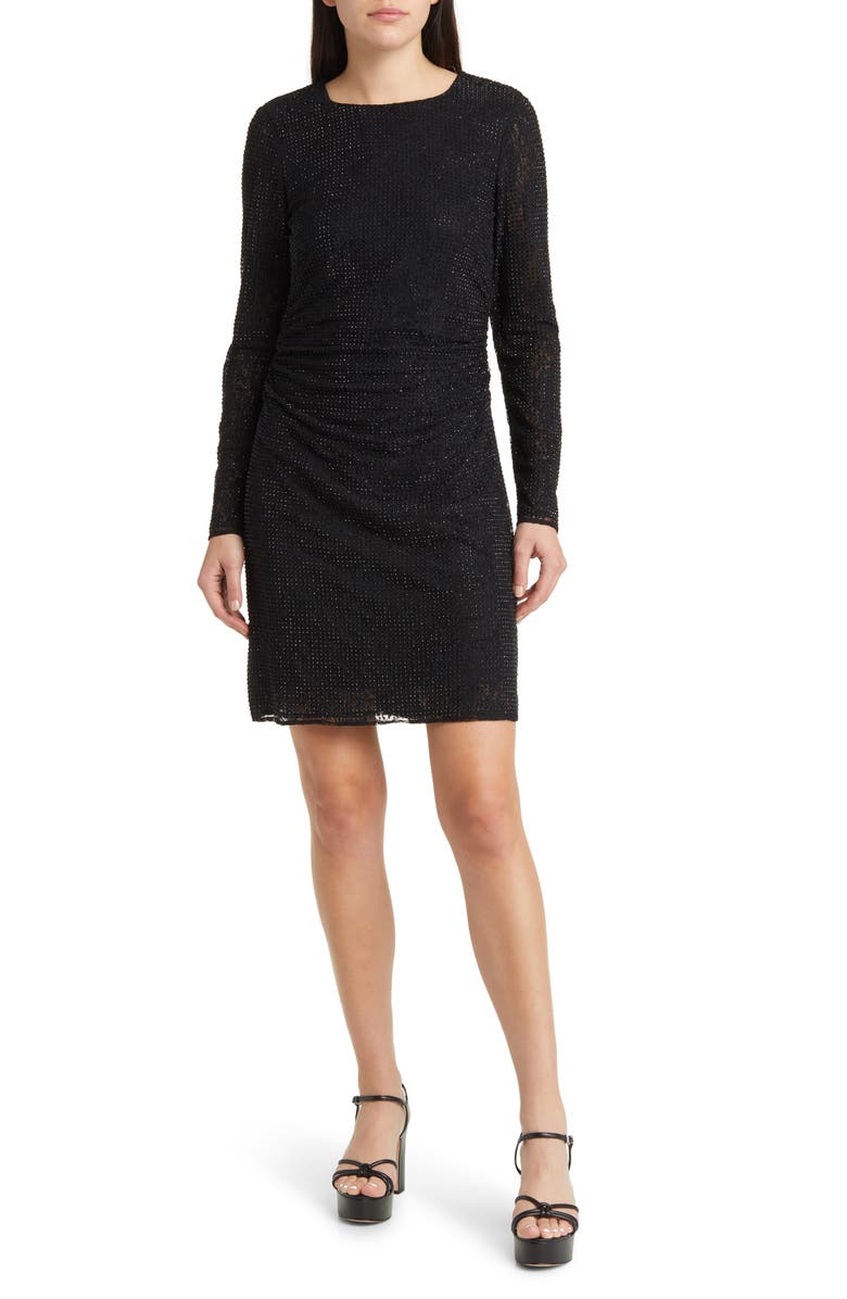 KOBI HALPERIN Inverse Sequin Ruched Long Sleeve Lace Minidress, Main, color, Black