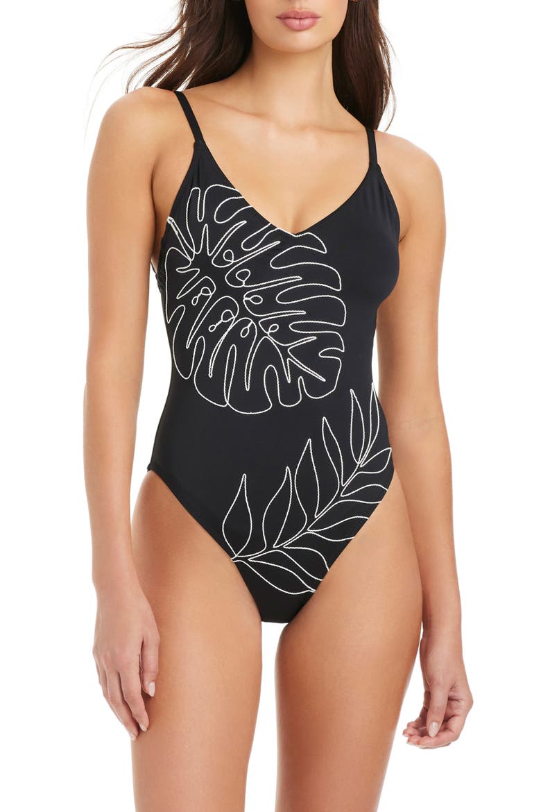 Embroidered Open Back Strappy One-Piece Swimsuit, Main, color, BLACK