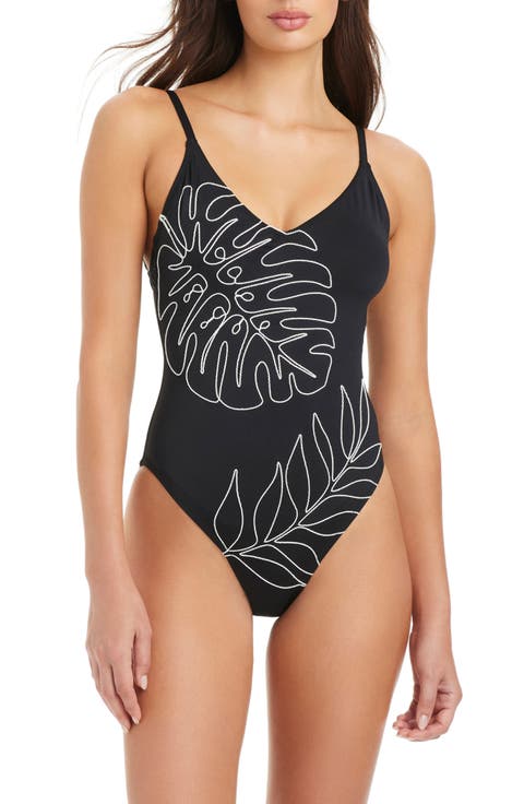 Embroidered Open Back Strappy One-Piece Swimsuit