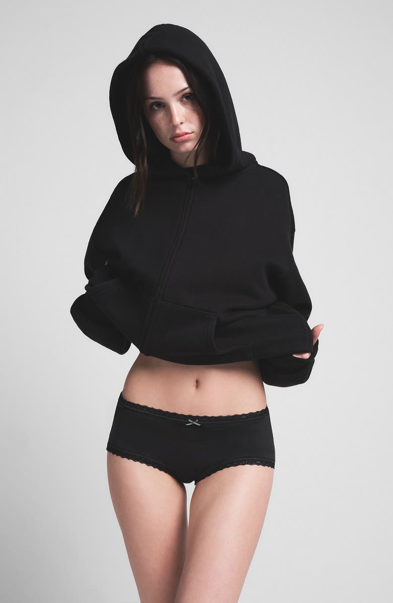 SKIMS Lightweight Stretch Cotton Lace Boyshorts, Alternate, color, Soot